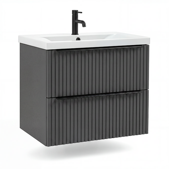 AquaSure Fluted Waterproof PVC Wall Hung Vanity Satin Anthracite - 600mm with Matt Black Handles