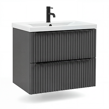AquaSure Fluted Waterproof PVC Wall Hung Vanity Satin Anthracite - 600mm with Matt Black Handles