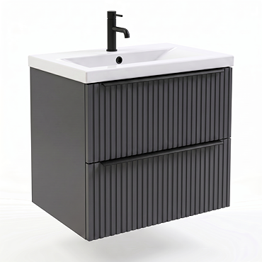 AquaSure Fluted Waterproof PVC Wall Hung Vanity Satin Anthracite - 600mm with Matt Black Handles