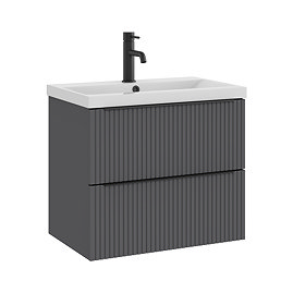 AquaSure Fluted Waterproof PVC Wall Hung Vanity Satin Anthracite - 600mm with Matt Black Handles