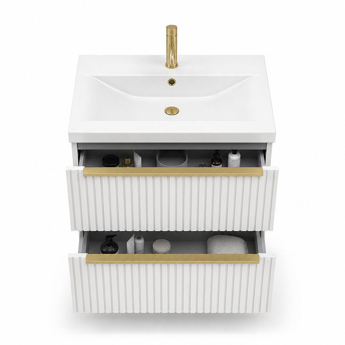 AquaSure Fluted Waterproof PVC Wall Hung Vanity Unit Satin White - 600mm with Brushed Brass Handles