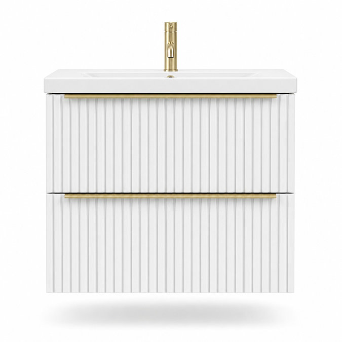 AquaSure Fluted Waterproof PVC Wall Hung Vanity Unit Satin White - 600mm with Brushed Brass Handles