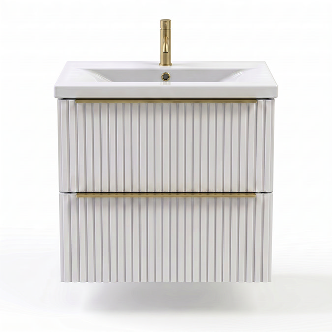 AquaSure Fluted Waterproof PVC Wall Hung Vanity Unit Satin White - 600mm with Brushed Brass Handles