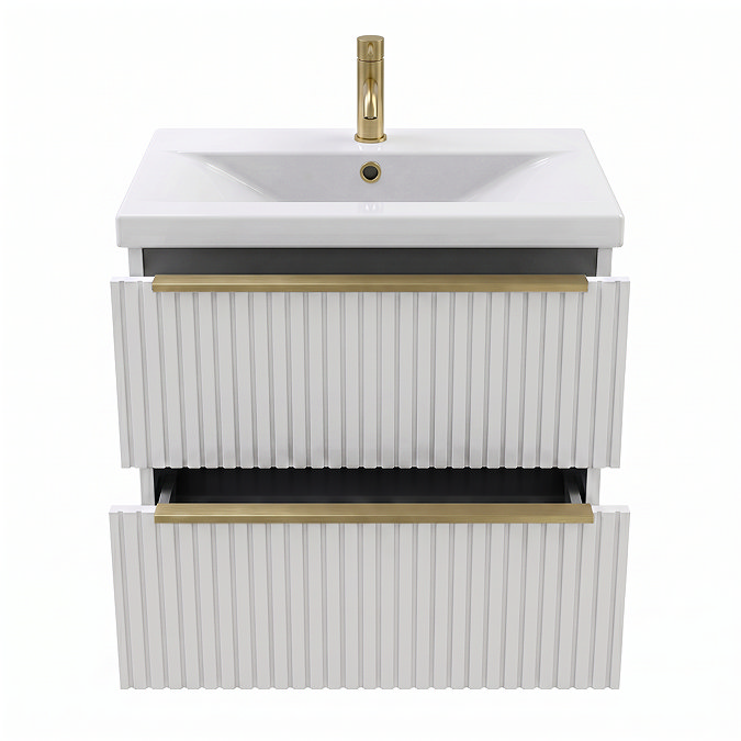 AquaSure Fluted Waterproof PVC Wall Hung Vanity Unit Satin White - 600mm with Brushed Brass Handles