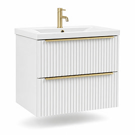 AquaSure Fluted Waterproof PVC Wall Hung Vanity Unit Satin White - 600mm with Brushed Brass Handles