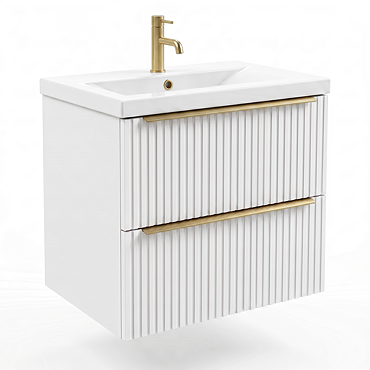 AquaSure Fluted Waterproof PVC Wall Hung Vanity Unit Satin White - 600mm with Brushed Brass Handles
