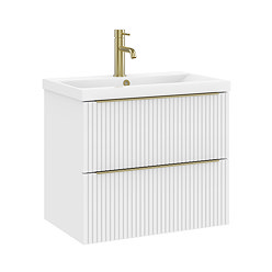 AquaSure Fluted Waterproof PVC Wall Hung Vanity Unit Satin White - 600mm with Brushed Brass Handles