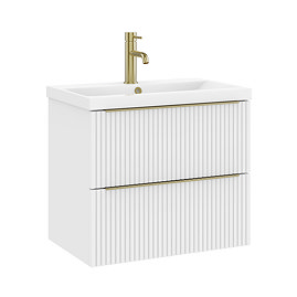 AquaSure Fluted Waterproof PVC Wall Hung Vanity Unit Satin White - 600mm with Brushed Brass Handles