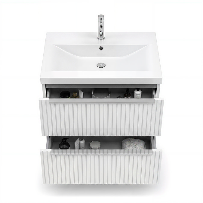 AquaSure Fluted Waterproof PVC Wall Hung Vanity Unit Satin White - 600mm with Chrome Handles
