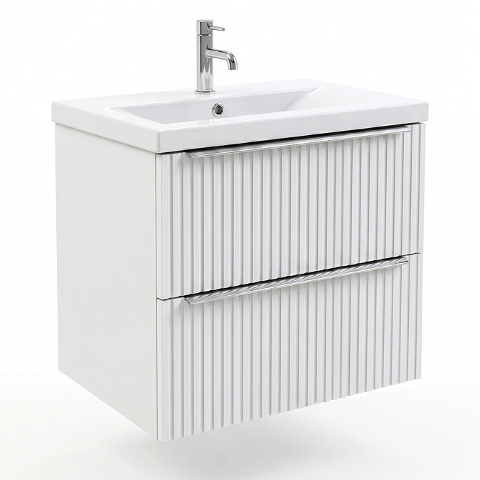 AquaSure Fluted Waterproof PVC Wall Hung Vanity Unit Satin White - 600mm with Chrome Handles