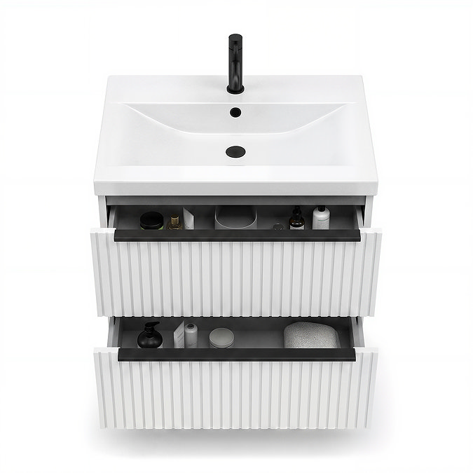 AquaSure Fluted Waterproof PVC Wall Hung Vanity Unit Satin White - 600mm with Matt Black Handles