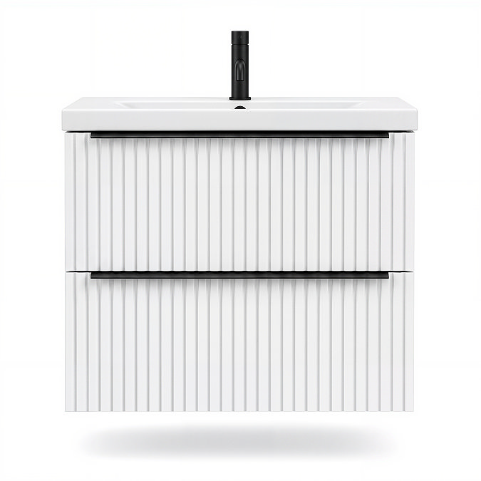 AquaSure Fluted Waterproof PVC Wall Hung Vanity Unit Satin White - 600mm with Matt Black Handles