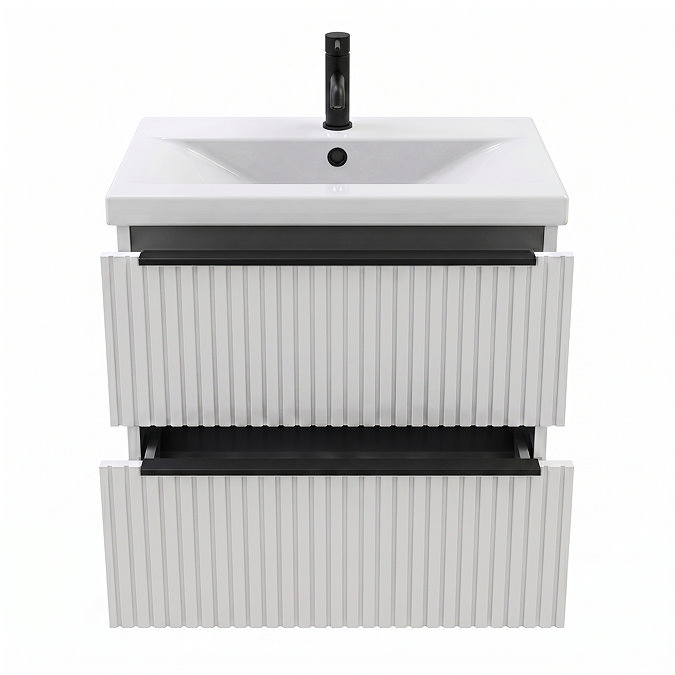 AquaSure Fluted Waterproof PVC Wall Hung Vanity Unit Satin White - 600mm with Matt Black Handles