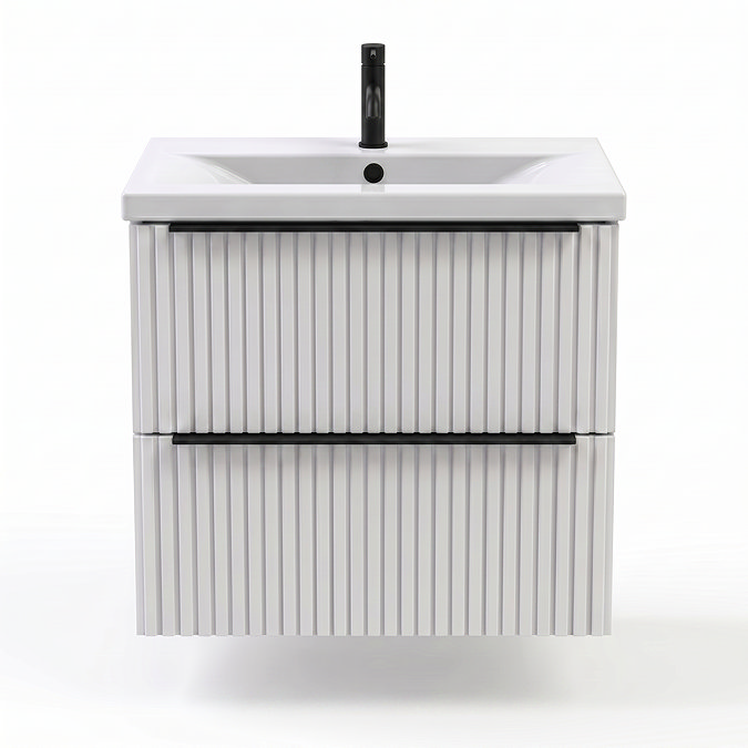AquaSure Fluted Waterproof PVC Wall Hung Vanity Unit Satin White - 600mm with Matt Black Handles