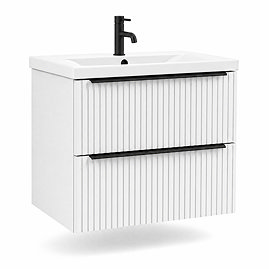 AquaSure Fluted Waterproof PVC Wall Hung Vanity Unit Satin White - 600mm with Matt Black Handles