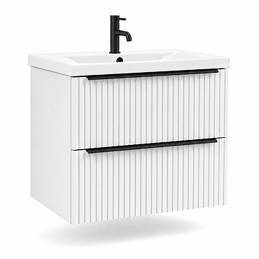 AquaSure Fluted Waterproof PVC Wall Hung Vanity Unit Satin White - 600mm with Matt Black Handles