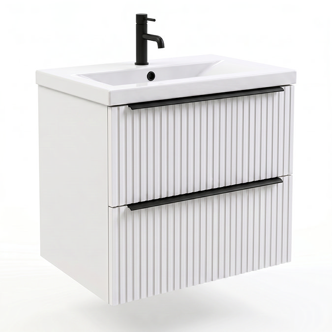 AquaSure Fluted Waterproof PVC Wall Hung Vanity Unit Satin White - 600mm with Matt Black Handles