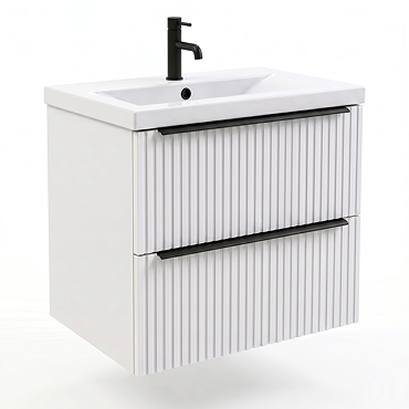 AquaSure Fluted Waterproof PVC Wall Hung Vanity Unit Satin White - 600mm with Matt Black Handles