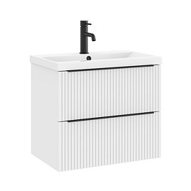AquaSure Fluted Waterproof PVC Wall Hung Vanity Unit Satin White - 600mm with Matt Black Handles