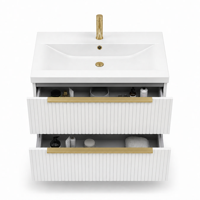 AquaSure Fluted Waterproof PVC Wall Hung Vanity Unit Satin White - 800mm with Brushed Brass Handles