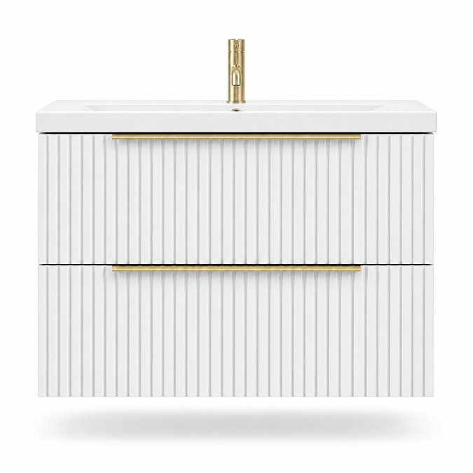 AquaSure Fluted Waterproof PVC Wall Hung Vanity Unit Satin White - 800mm with Brushed Brass Handles