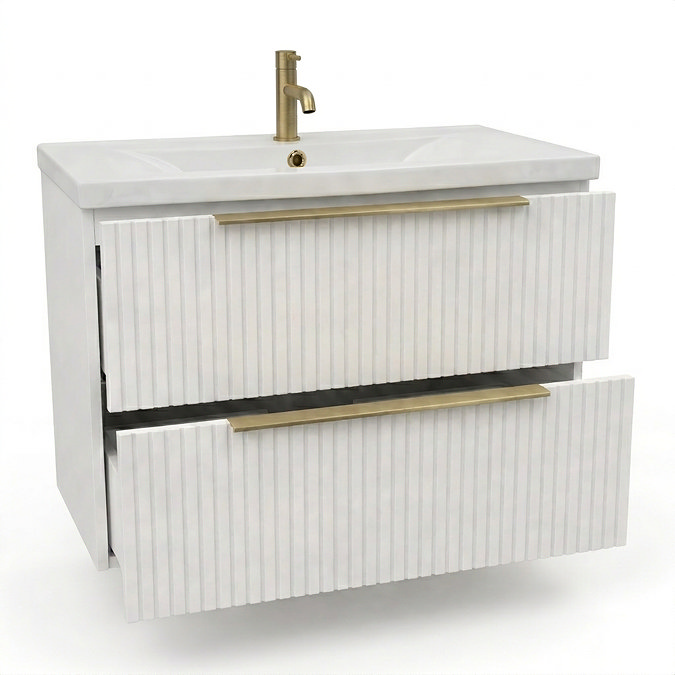 AquaSure Fluted Waterproof PVC Wall Hung Vanity Unit Satin White - 800mm with Brushed Brass Handles
