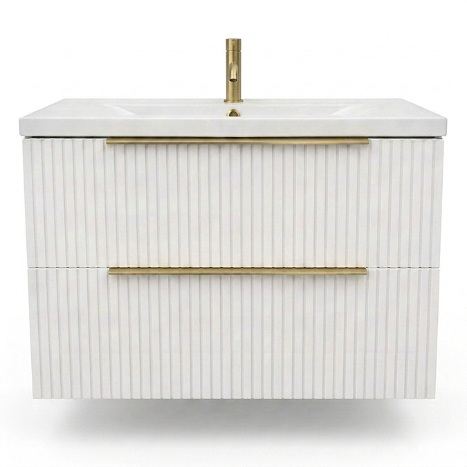 AquaSure Fluted Waterproof PVC Wall Hung Vanity Unit Satin White - 800mm with Brushed Brass Handles