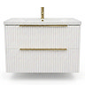 AquaSure Fluted Waterproof PVC Wall Hung Vanity Unit Satin White - 800mm with Brushed Brass Handles