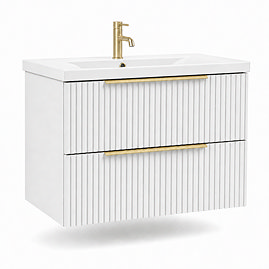AquaSure Fluted Waterproof PVC Wall Hung Vanity Unit Satin White - 800mm with Brushed Brass Handles