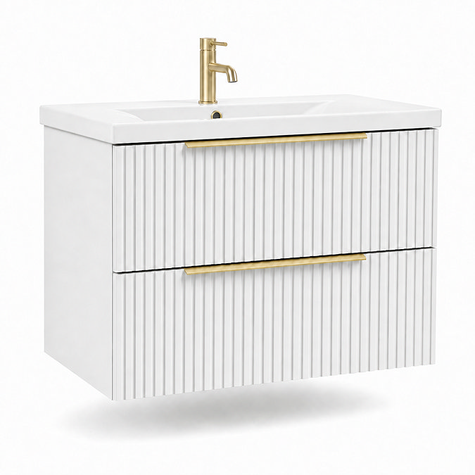AquaSure Fluted Waterproof PVC Wall Hung Vanity Unit Satin White - 800mm with Brushed Brass Handles