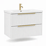 AquaSure Fluted Waterproof PVC Wall Hung Vanity Unit Satin White - 800mm with Brushed Brass Handles