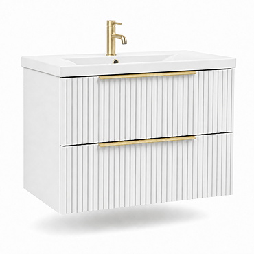 AquaSure Fluted Waterproof PVC Wall Hung Vanity Unit Satin White - 800mm with Brushed Brass Handles