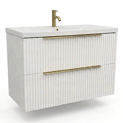 AquaSure Fluted Waterproof PVC Wall Hung Vanity Unit Satin White - 800mm with Brushed Brass Handles