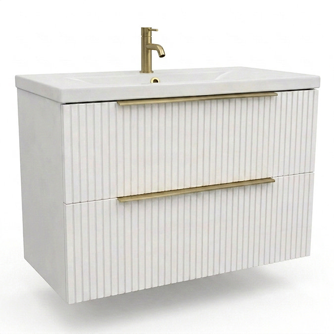 AquaSure Fluted Waterproof PVC Wall Hung Vanity Unit Satin White - 800mm with Brushed Brass Handles
