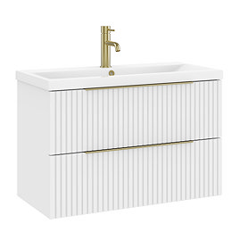 AquaSure Fluted Waterproof PVC Wall Hung Vanity Unit Satin White - 800mm with Brushed Brass Handles