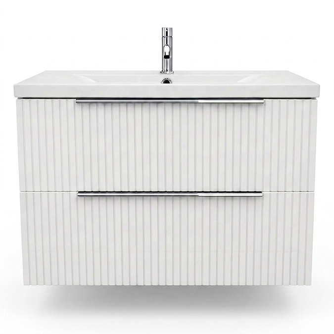 AquaSure Fluted Waterproof PVC Wall Hung Vanity Unit Satin White - 800mm with Chrome Handles