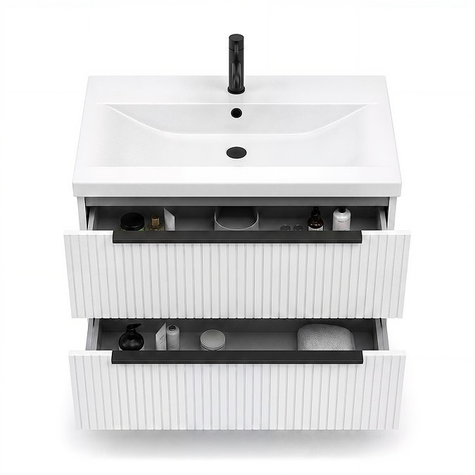 AquaSure Fluted Waterproof PVC Wall Hung Vanity Unit Satin White - 800mm with Matt Black Handles