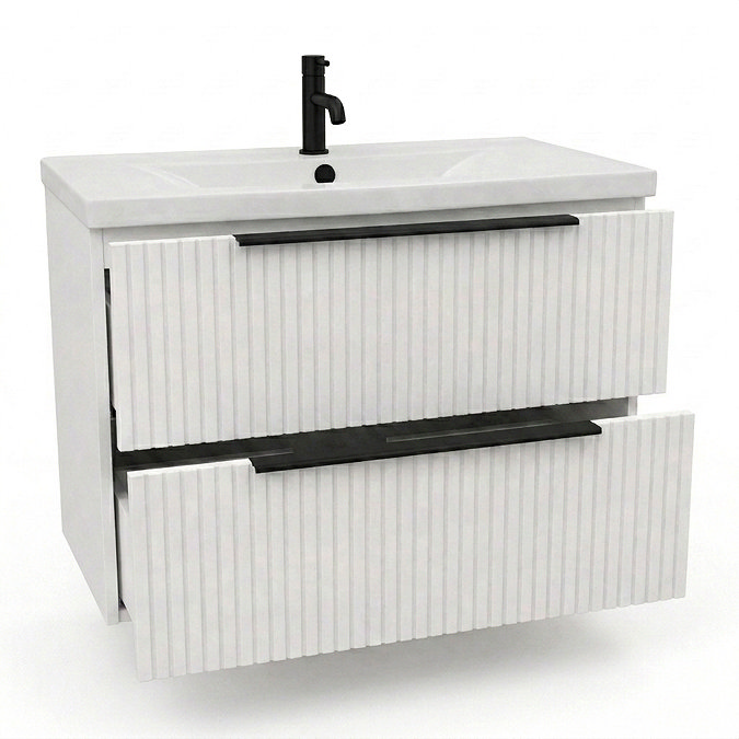 AquaSure Fluted Waterproof PVC Wall Hung Vanity Unit Satin White - 800mm with Matt Black Handles