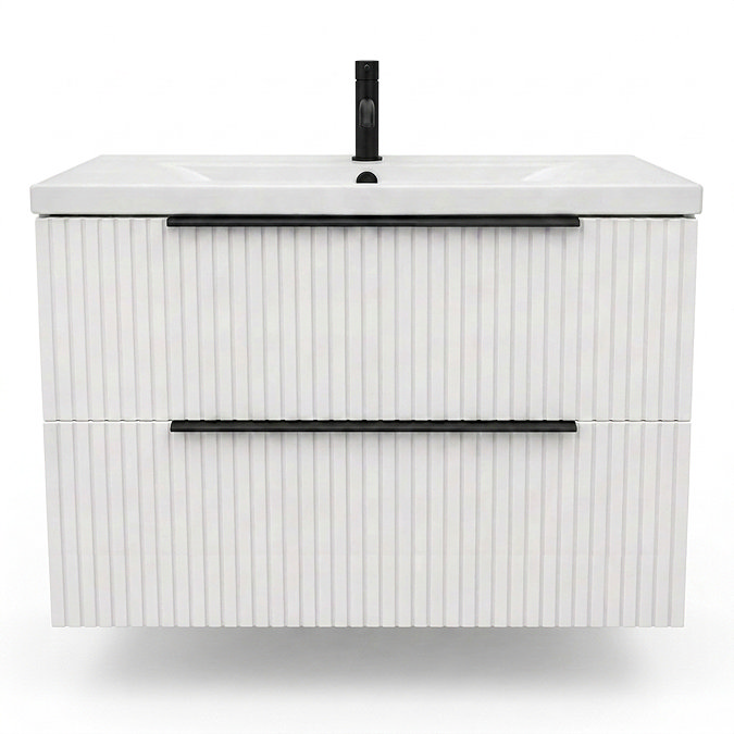 AquaSure Fluted Waterproof PVC Wall Hung Vanity Unit Satin White - 800mm with Matt Black Handles