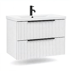 AquaSure Fluted Waterproof PVC Wall Hung Vanity Unit Satin White - 800mm with Matt Black Handles