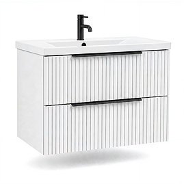 AquaSure Fluted Waterproof PVC Wall Hung Vanity Unit Satin White - 800mm with Matt Black Handles