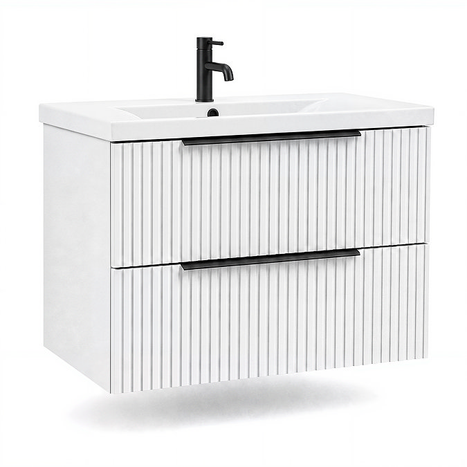 AquaSure Fluted Waterproof PVC Wall Hung Vanity Unit Satin White - 800mm with Matt Black Handles