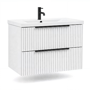 AquaSure Fluted Waterproof PVC Wall Hung Vanity Unit Satin White - 800mm with Matt Black Handles