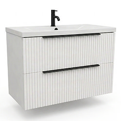 AquaSure Fluted Waterproof PVC Wall Hung Vanity Unit Satin White - 800mm with Matt Black Handles