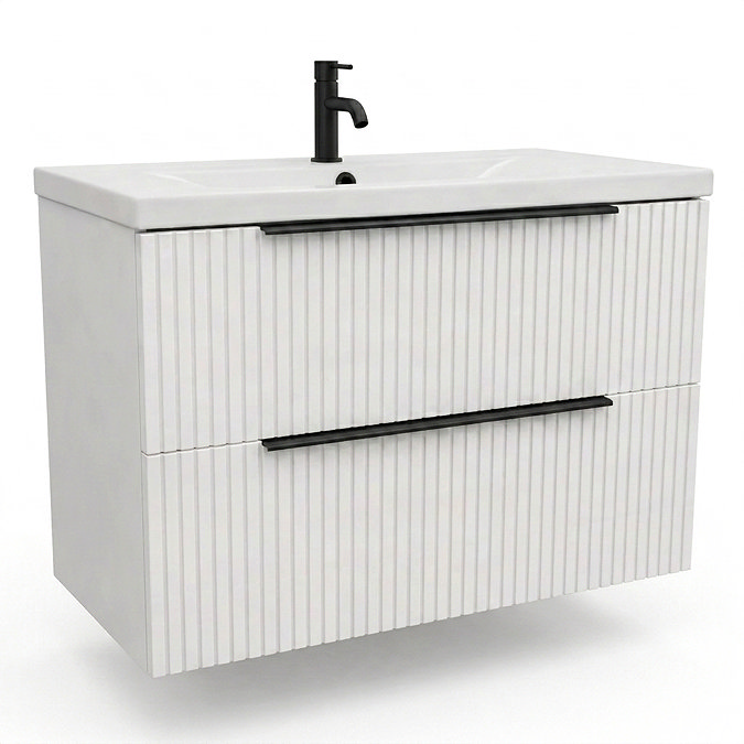 AquaSure Fluted Waterproof PVC Wall Hung Vanity Unit Satin White - 800mm with Matt Black Handles