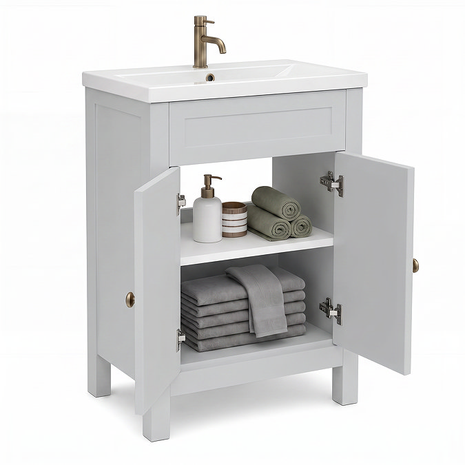 AquaSure Traditional Waterproof PVC Vanity Unit Satin Grey - 600mm with Antique Brass Handles