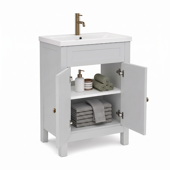 AquaSure Traditional Waterproof PVC Vanity Unit Satin Grey - 600mm with Antique Brass Handles