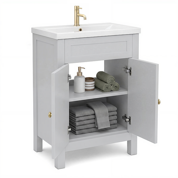 AquaSure Traditional Waterproof PVC Vanity Unit Satin Grey - 600mm with Brushed Brass Handles