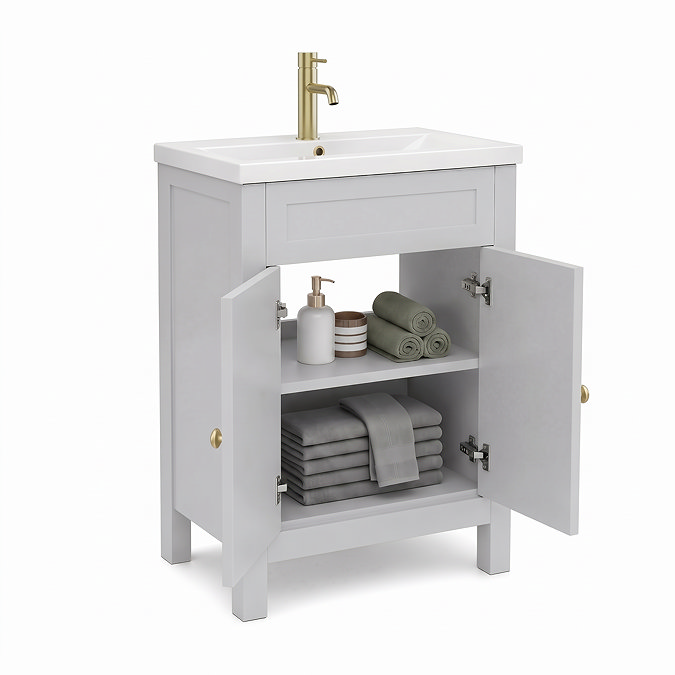 AquaSure Traditional Waterproof PVC Vanity Unit Satin Grey - 600mm with Brushed Brass Handles