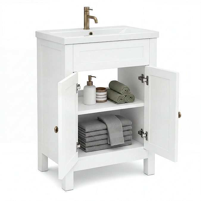 AquaSure Traditional Waterproof PVC Vanity Unit Satin White - 600mm with Antique Brass Handles